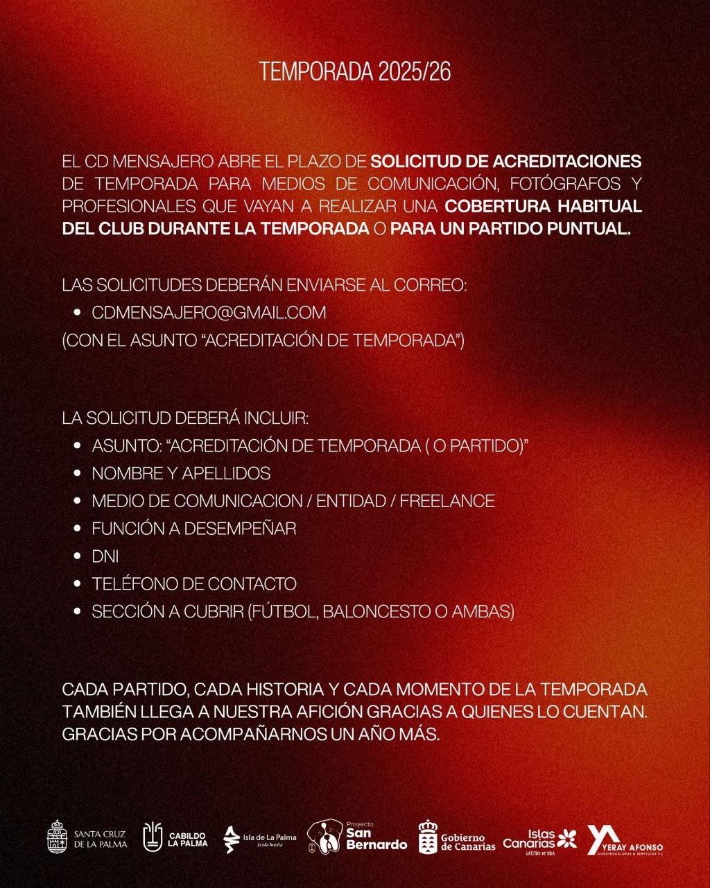 Información del CD Mensajero sobre la solicitud de acreditaciones, documentación requerida y correo de contacto