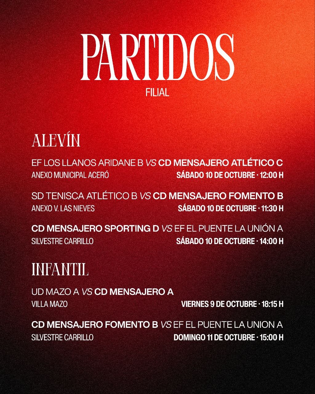 Partidos previstos de los equipos alevín e infantil del CD Mensajero