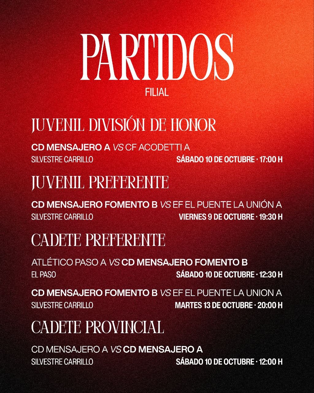 Partidos previstos de los equipos juvenil y cadete del CD Mensajero