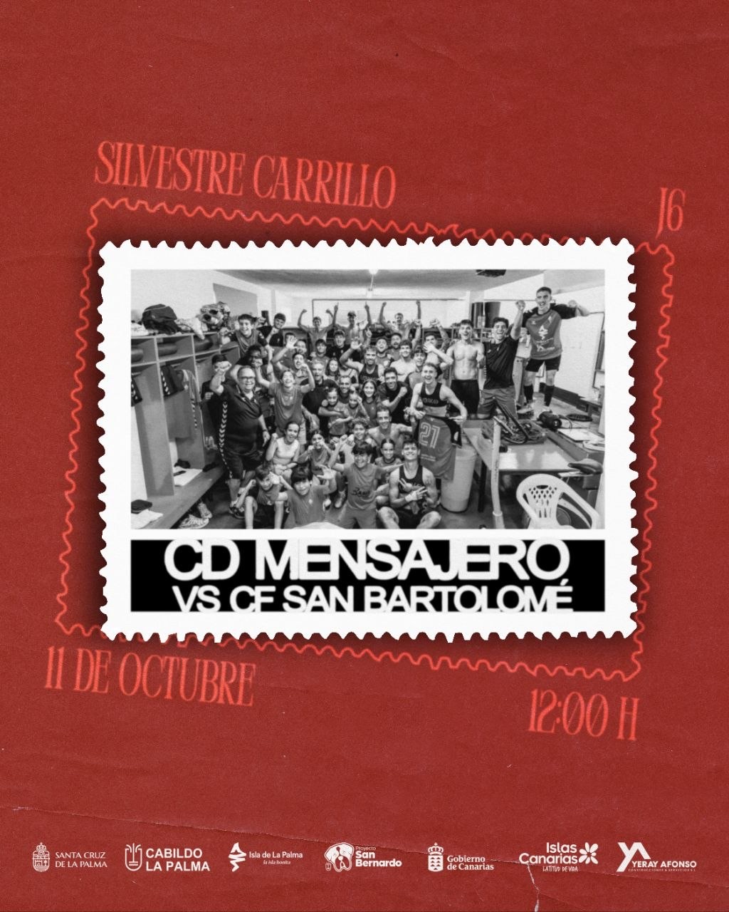 Cartel del partido de fútbol entre el CD Mensajero y el CE San Bartolomé, domingo 11 de octubre a las 12:00 h