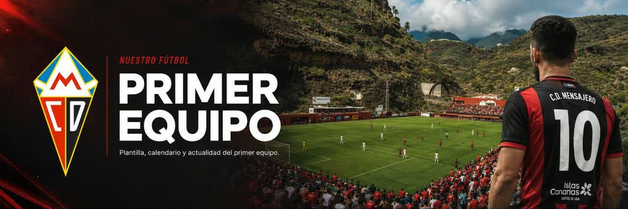 Banner del primer equipo del CD Mensajero, con el escudo, el estadio y un jugador rojinegro